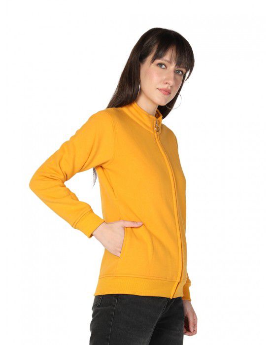 Women Cotton Blend Zipper Sweatshirt Mustard